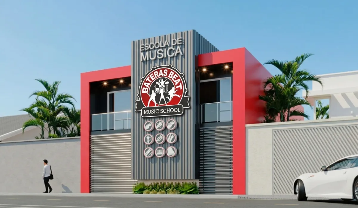 Projeto da fachada de uma unidade Premium, com letreiro Bateras Beat Music School e vitrine iluminada
